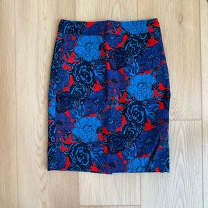 Ann Taylor Red Pencil Skirt with Blue Floral Print